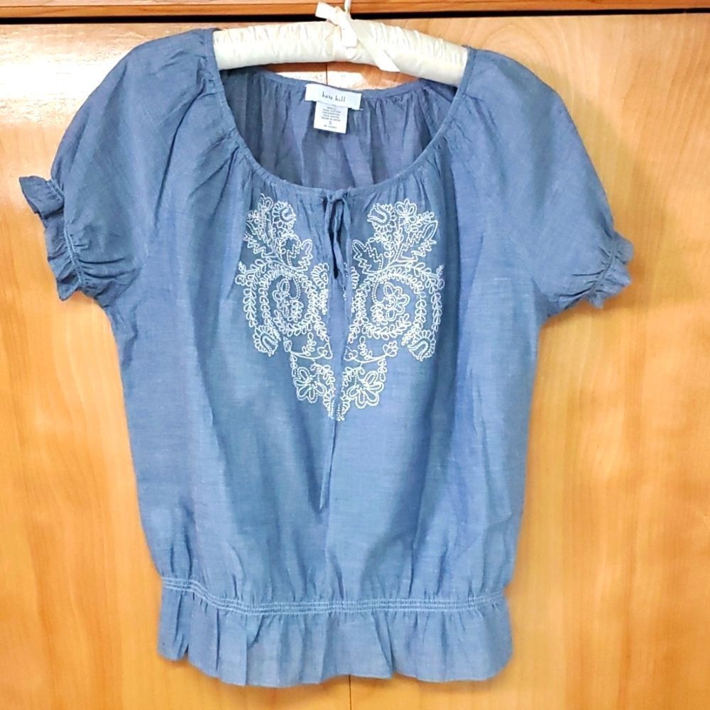 Kate Hill Chambray Blouse with Ivory Embroidery